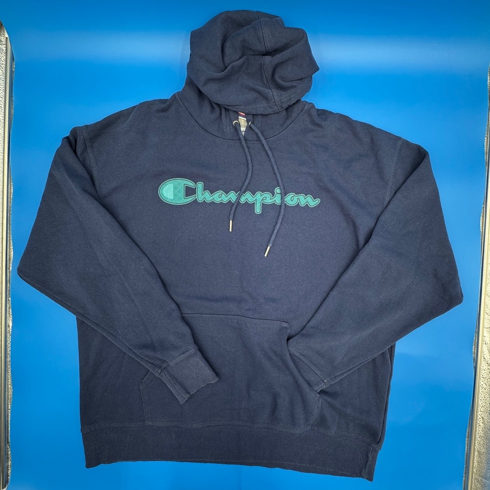 Champion Mens 2XL Navy Blue Script Logo Pullover Hoodie Sweatshirt GF89H‎